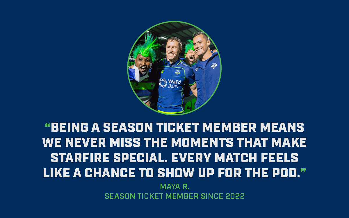Seattle Seawolves supporters celebrate together at Starfire Stadium. Testimonial from Maya R., Season Ticket Member since 2022.