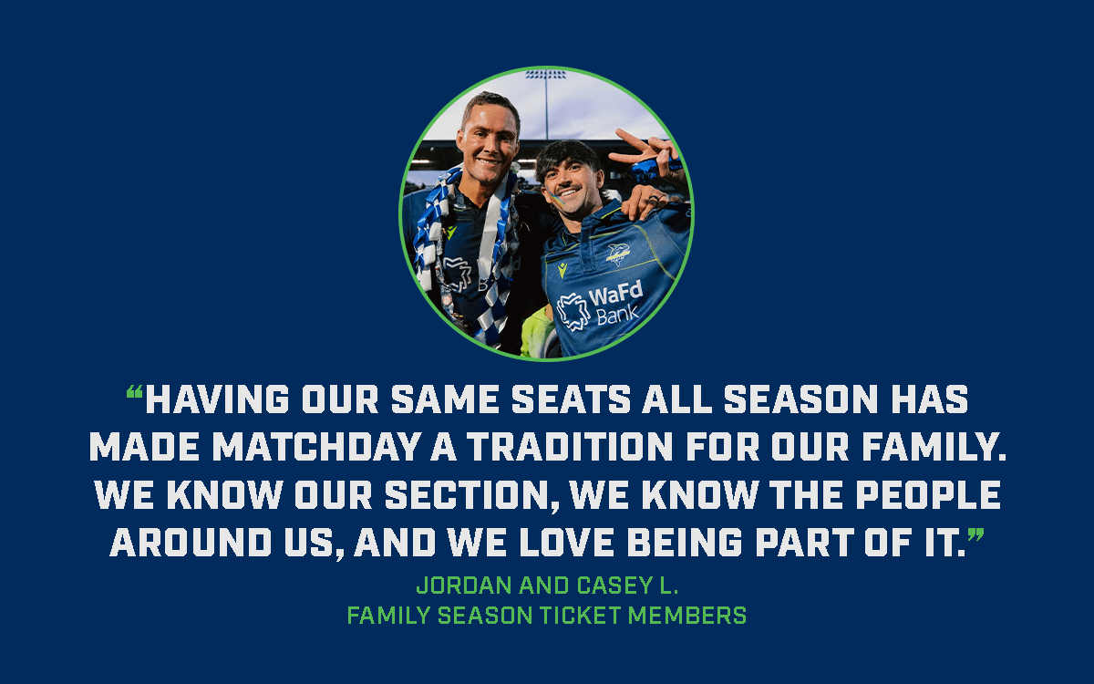 Jordan and Casey L., Family Season Ticket Members, pose at Starfire Stadium. Their testimonial says: “Having our same seats all season has made matchday a tradition for our family. We know our section, we know the people around us, and we love being part of it.”