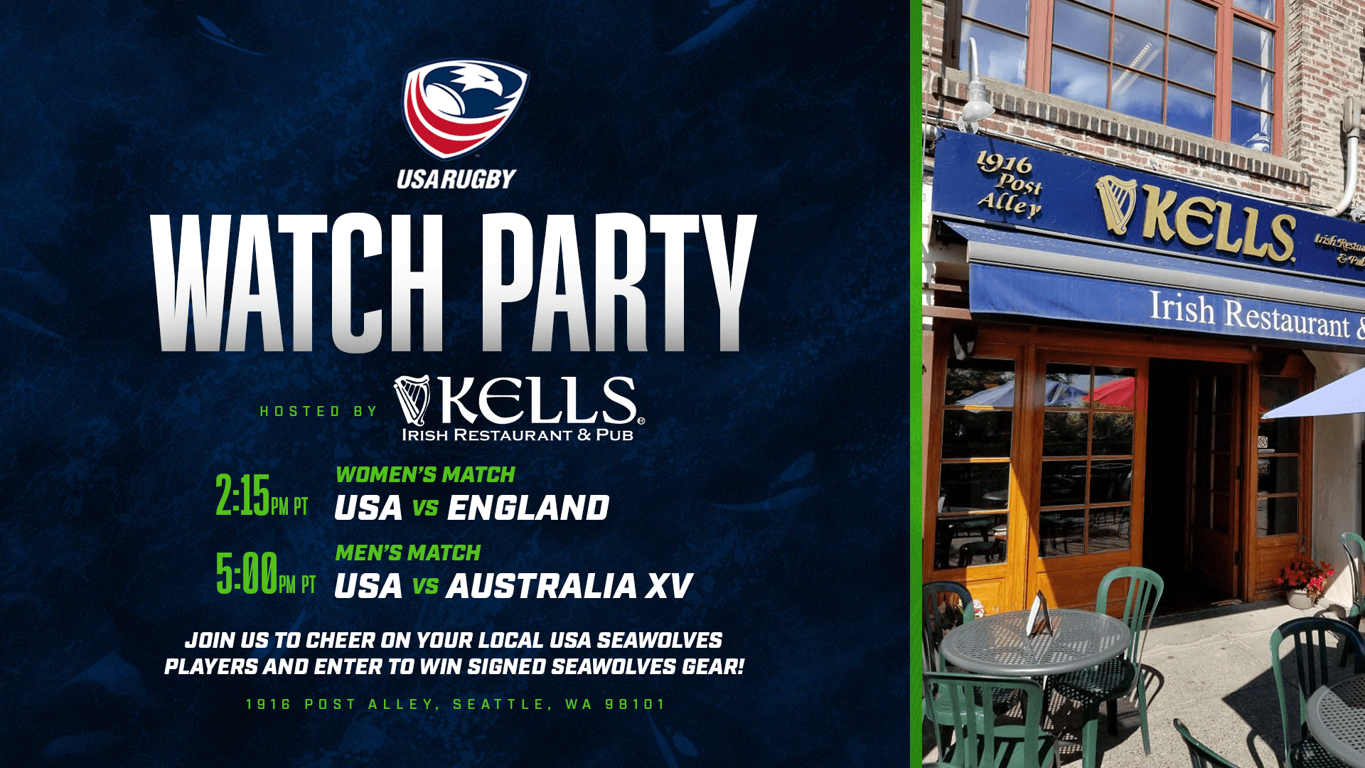 Seattle Seawolves USA Rugby Watch Party at Kells | October 30